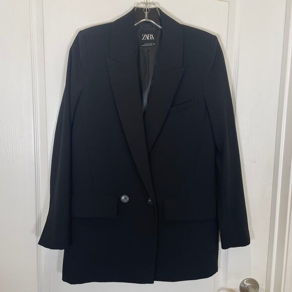 Zara Women's Blazer Jacket Black Wrap Two Button Double Breasted Career S - Picture 1 of 4